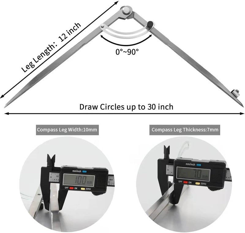 LDVROH 24 inch Compass for Geometry, Compass for Woodworking, Precision Woodworking Compass with Wing Divider and Pencil Holder, Large Compass for Geometry, Woodworking Compass, Drafting, Drawing Compass - Image 3